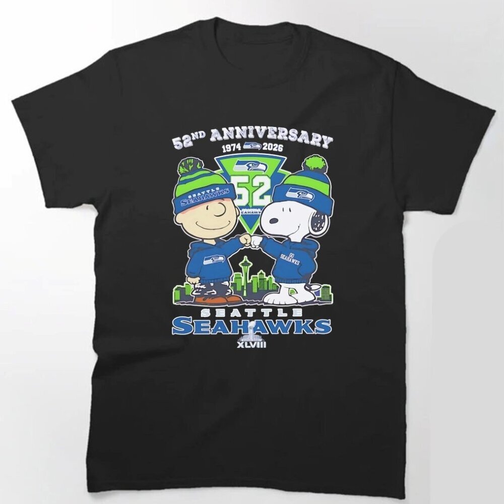 Charlie Brown And Snoopy 52nd Anniversary 1974-2026 Seattle Seahawks T Shirt 90